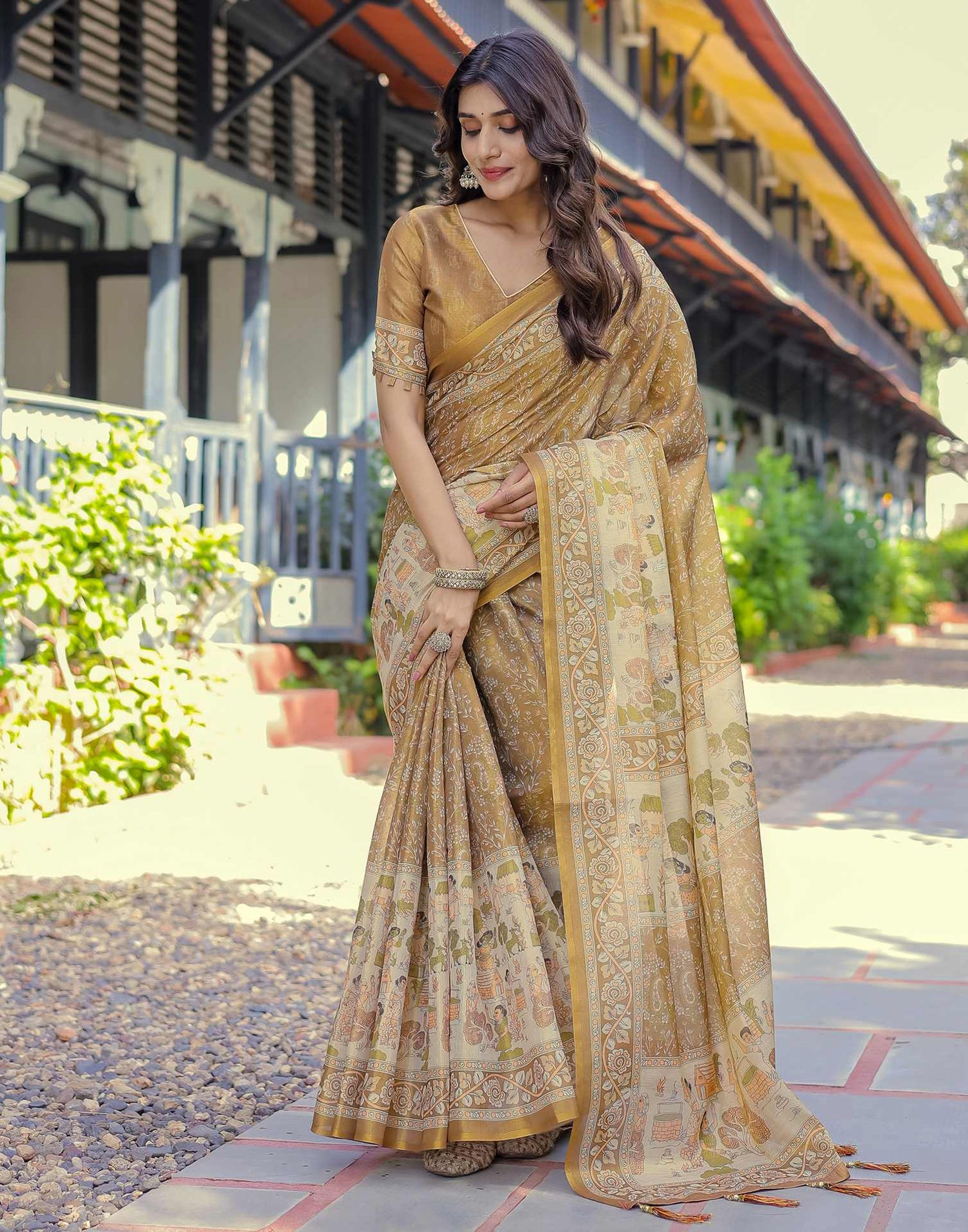 Mustard Shimmer Silk Printed Saree