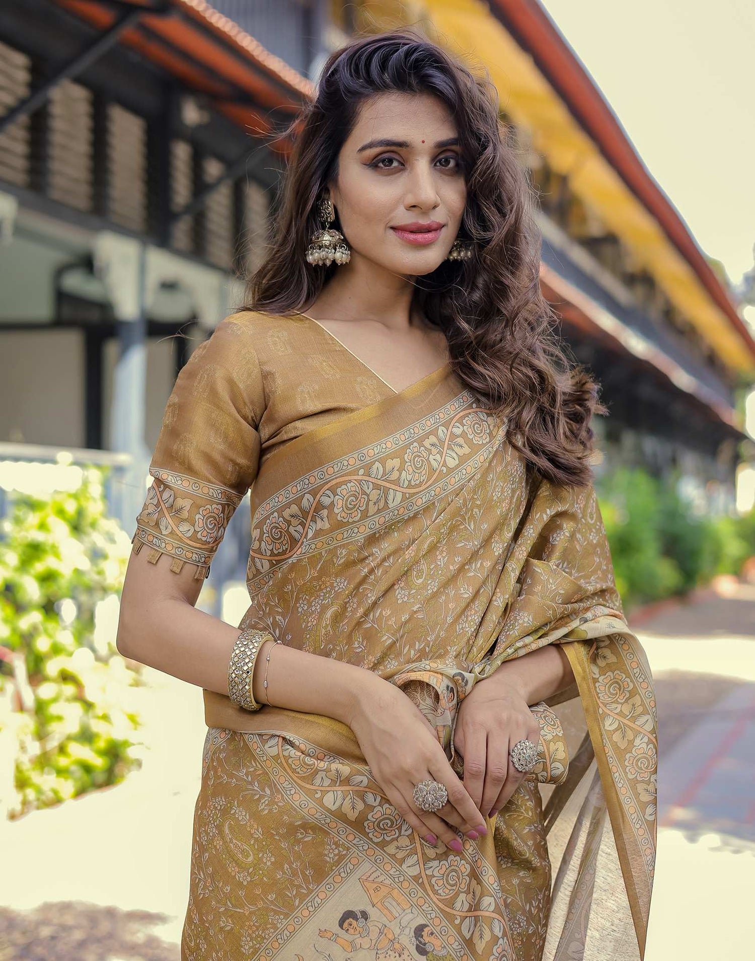 Mustard Shimmer Silk Printed Saree