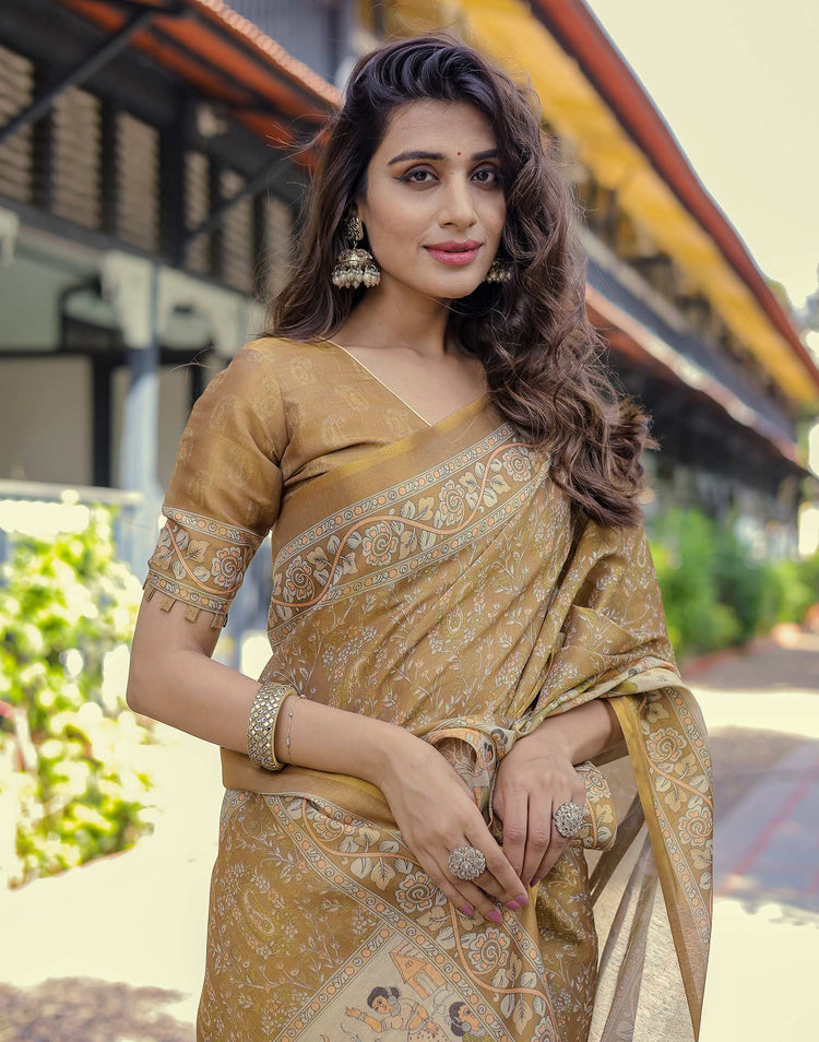 Mustard Shimmer Silk Printed Saree