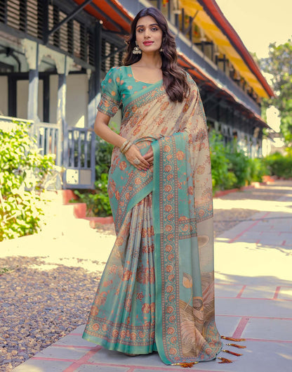 Teal Blue Shimmer Silk Printed Saree