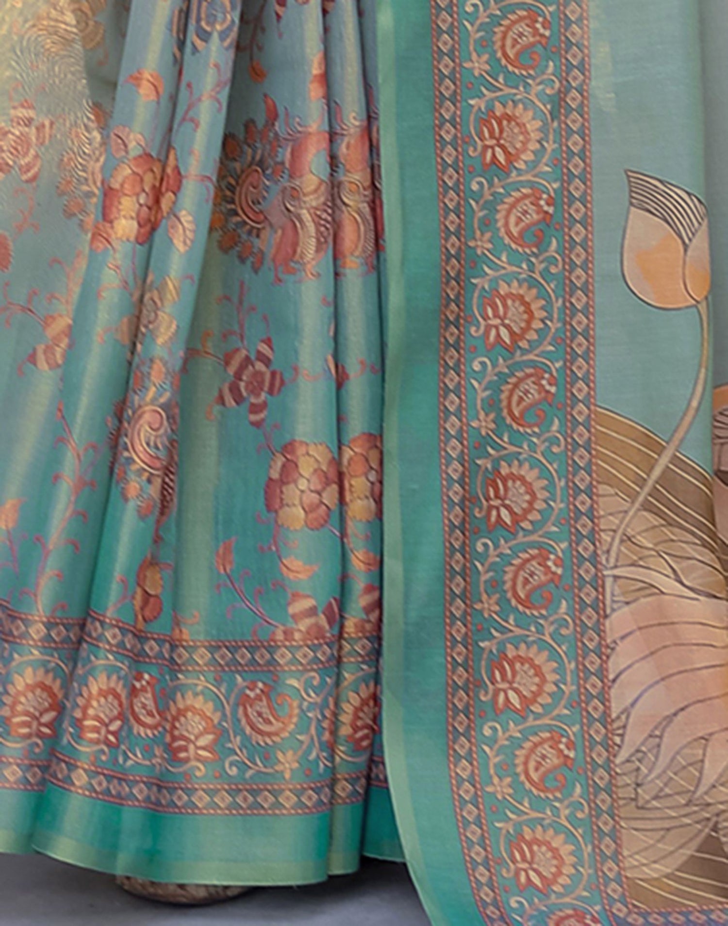 Teal Blue Shimmer Silk Printed Saree