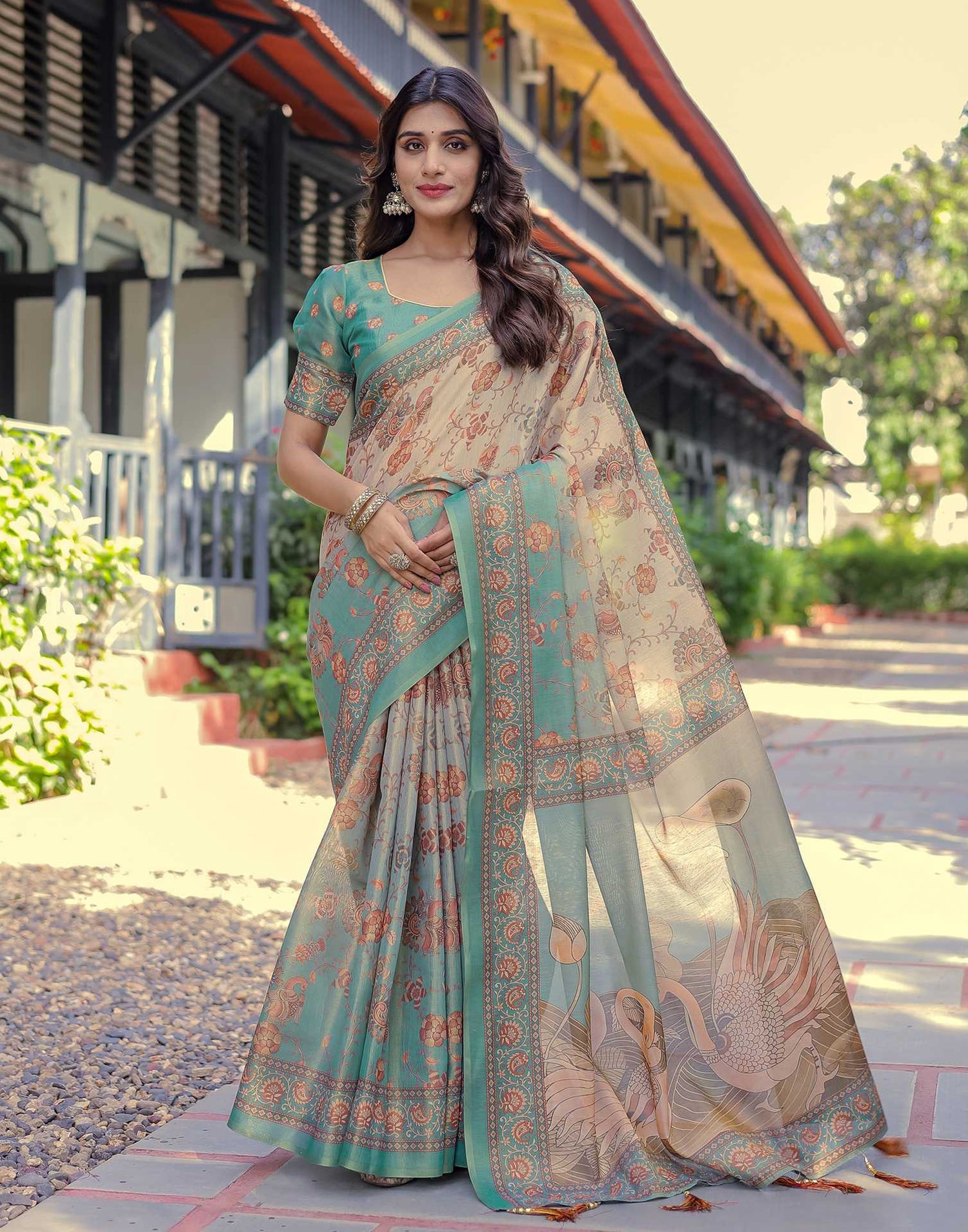 Teal Blue Shimmer Silk Printed Saree