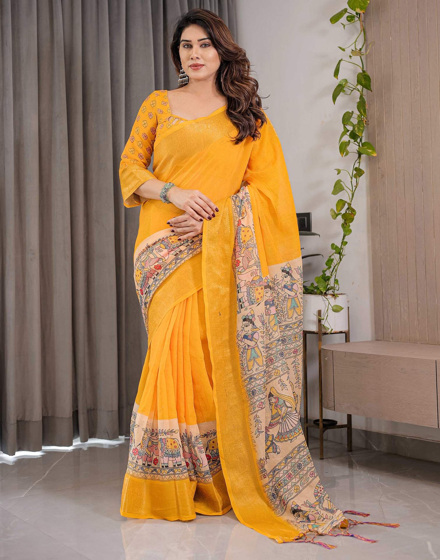 Yellow Linen Printed Saree