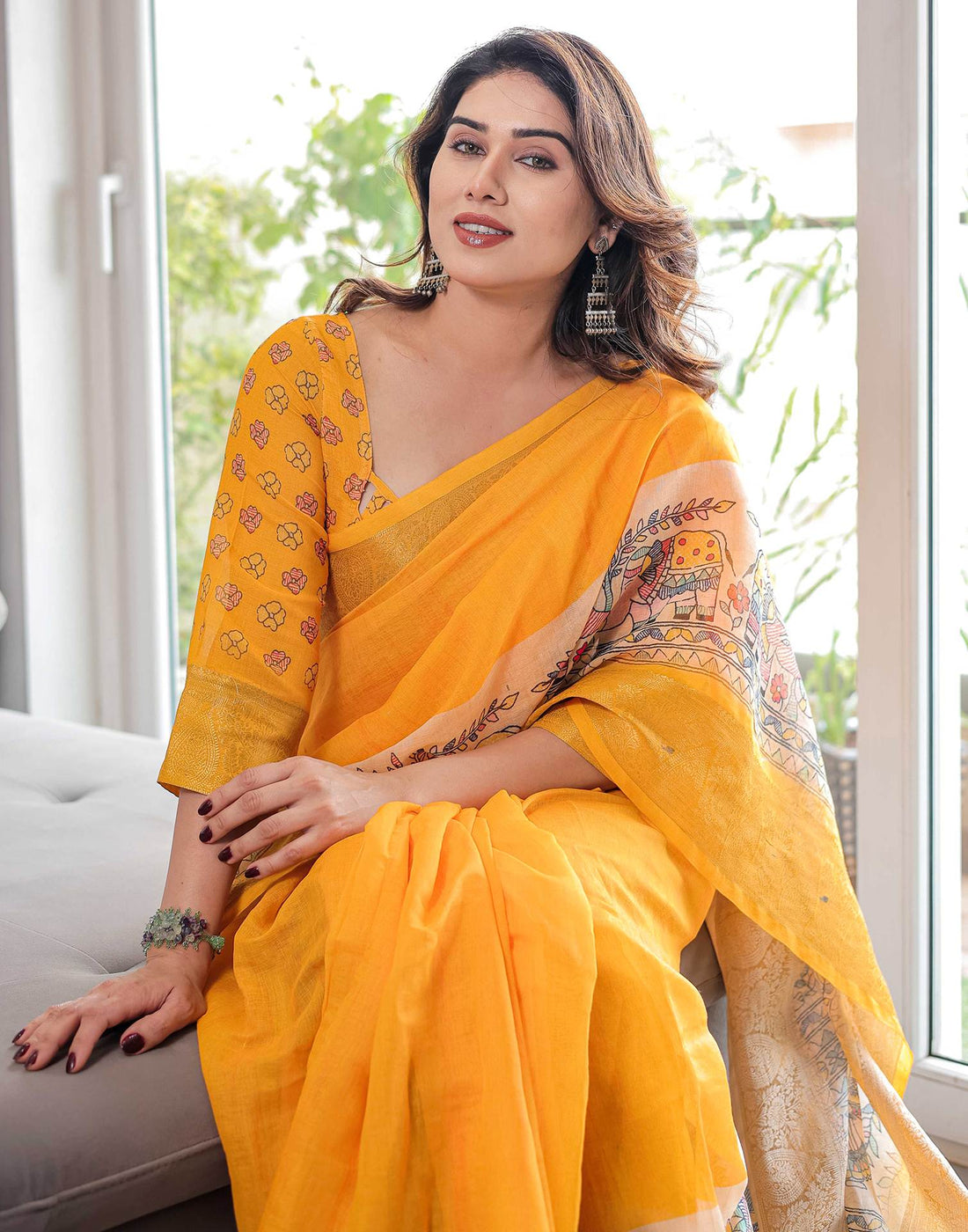 Yellow Linen Printed Saree