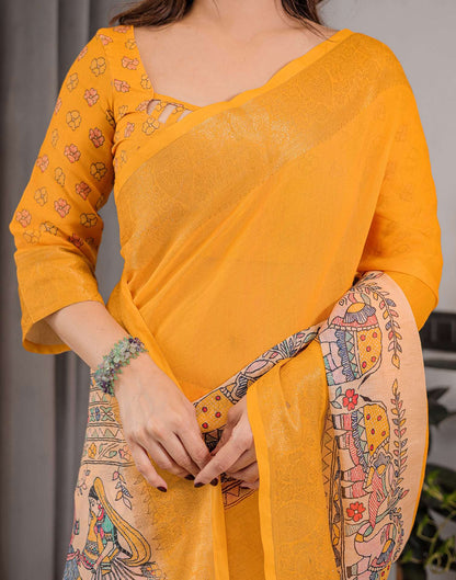 Yellow Linen Printed Saree