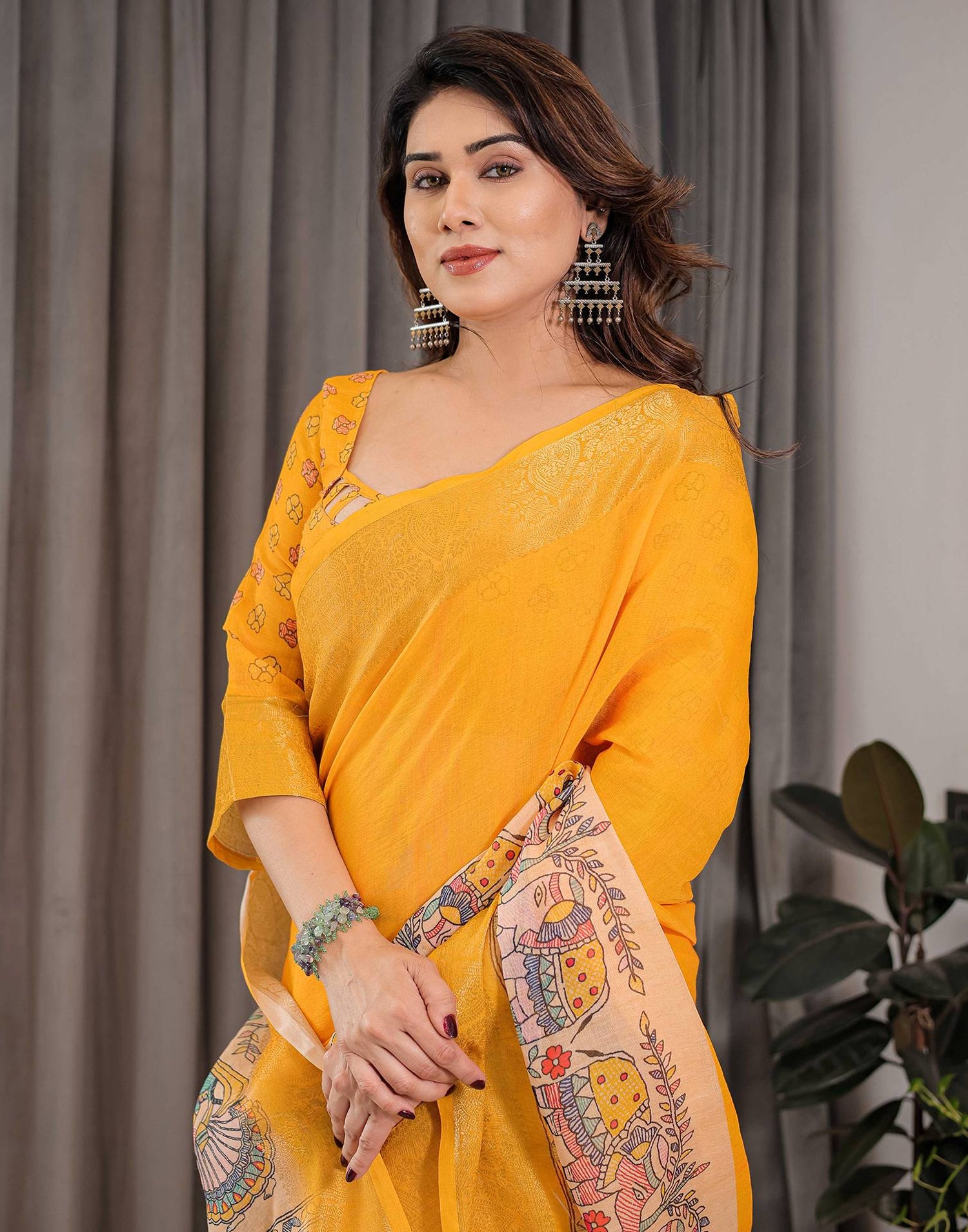 Yellow Linen Printed Saree