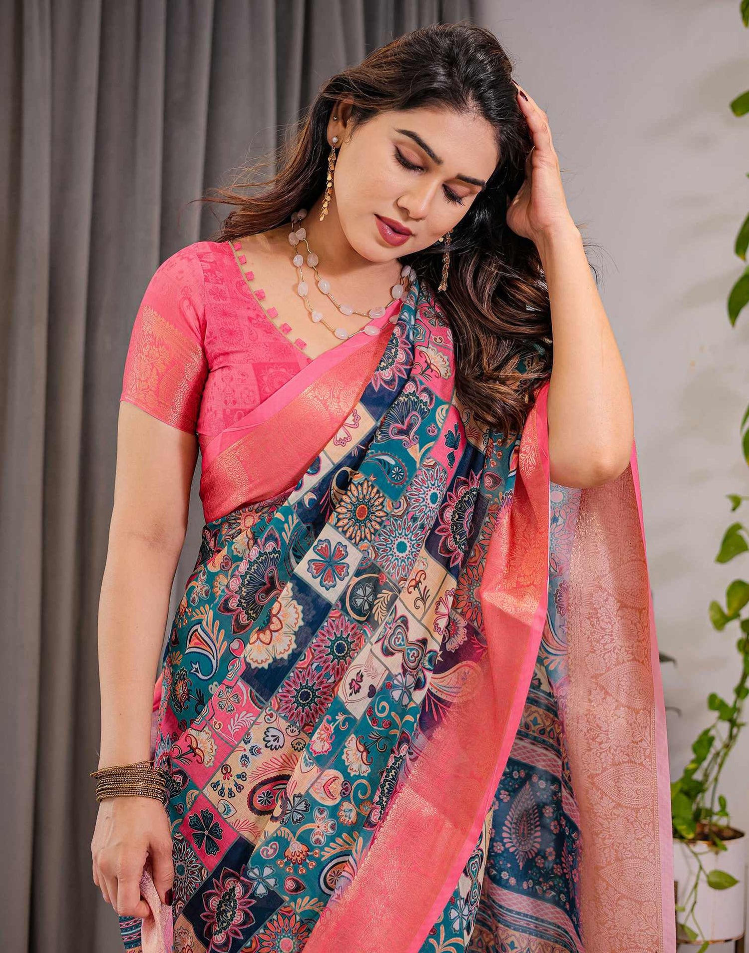 Navy Blue Linen Printed Saree