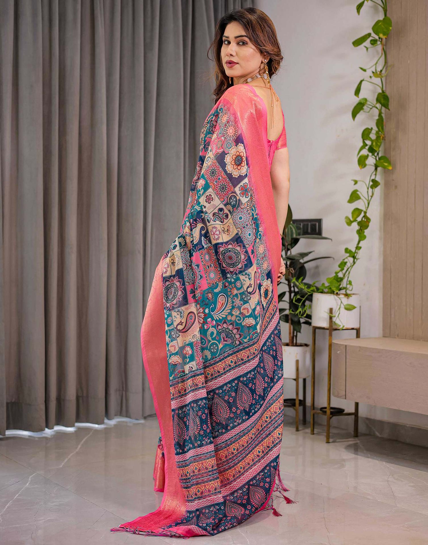 Navy Blue Linen Printed Saree