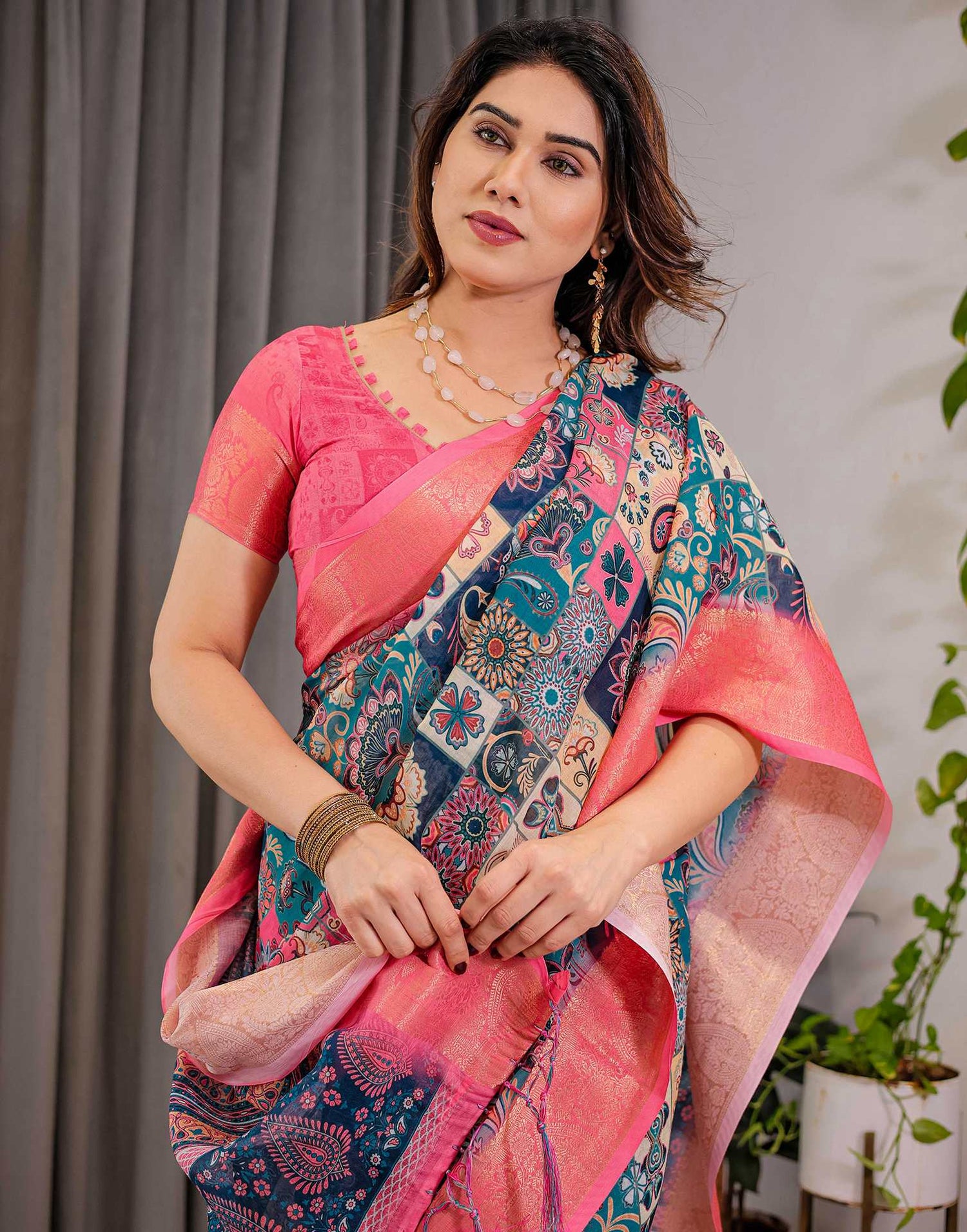 Navy Blue Linen Printed Saree