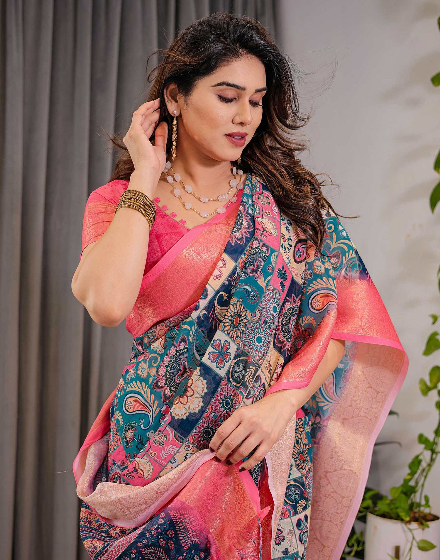 Navy Blue Linen Printed Saree