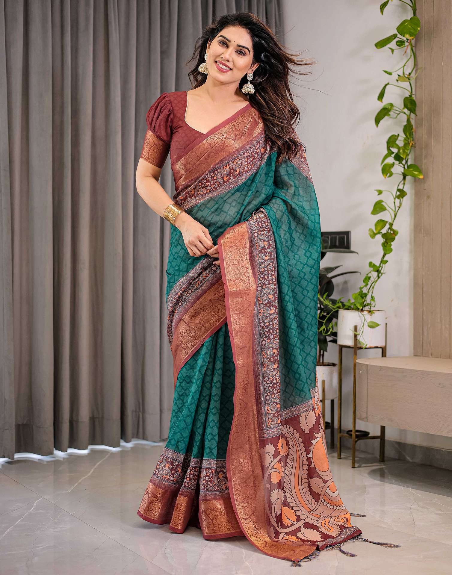 Green Linen Printed Saree
