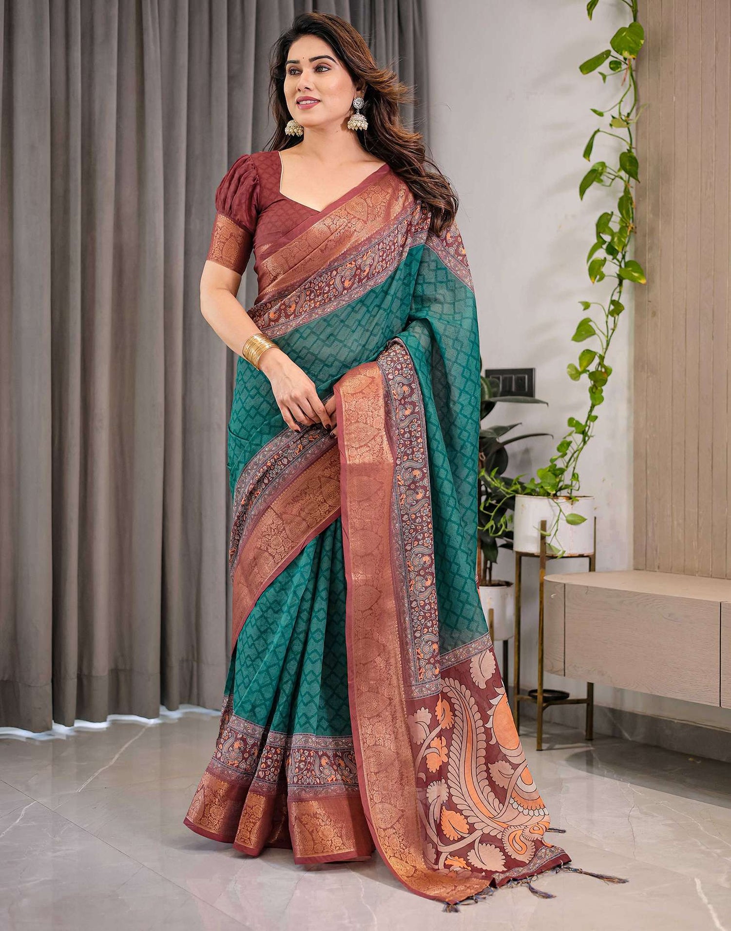 Green Linen Printed Saree