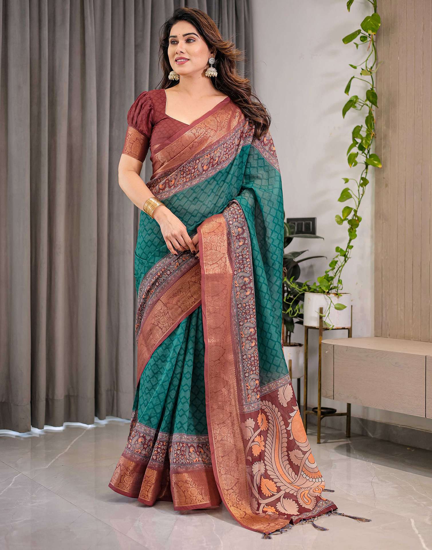 Green Linen Printed Saree