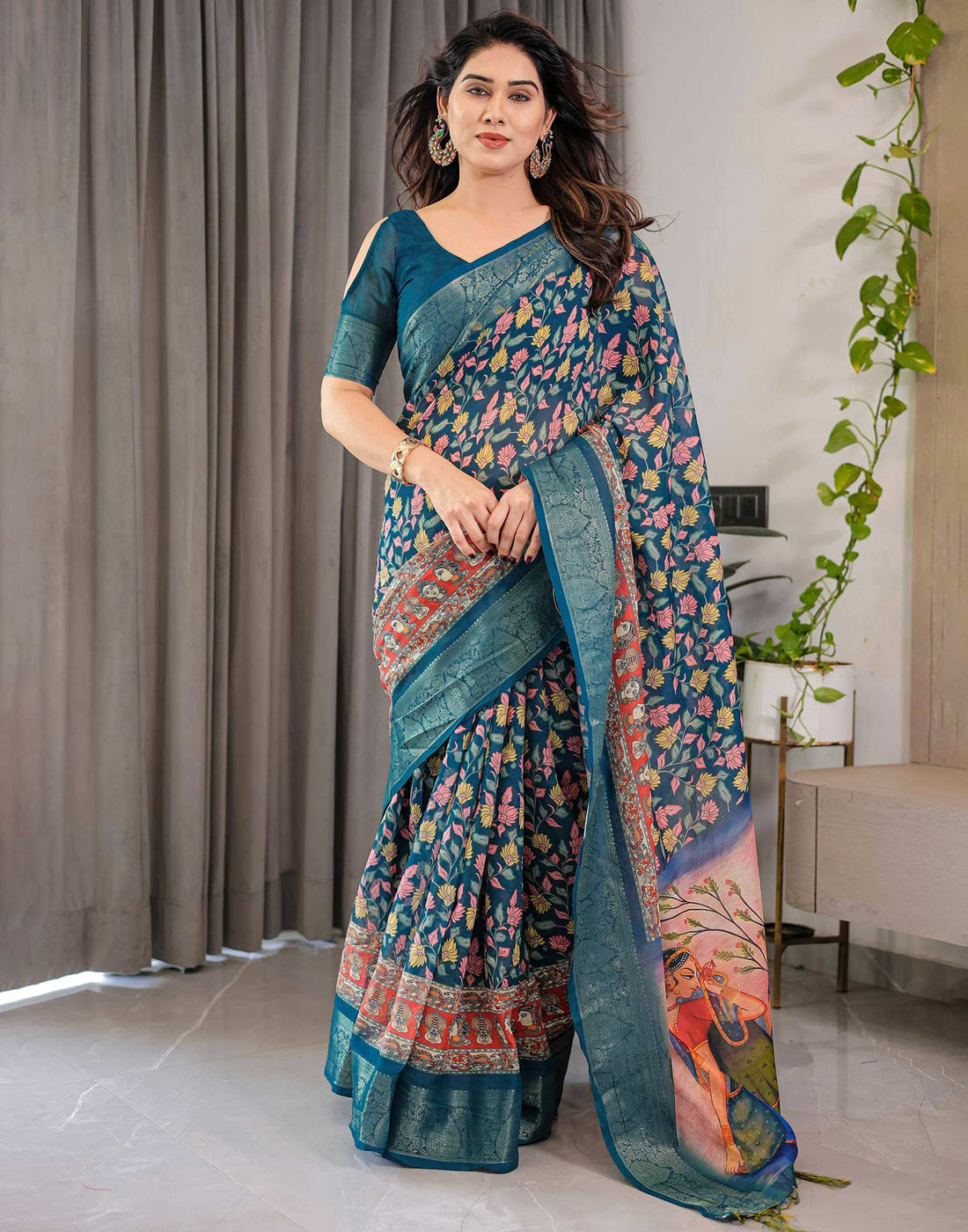 Rama Green Linen Printed Saree