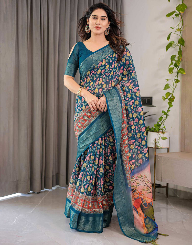 Rama Green Linen Printed Saree