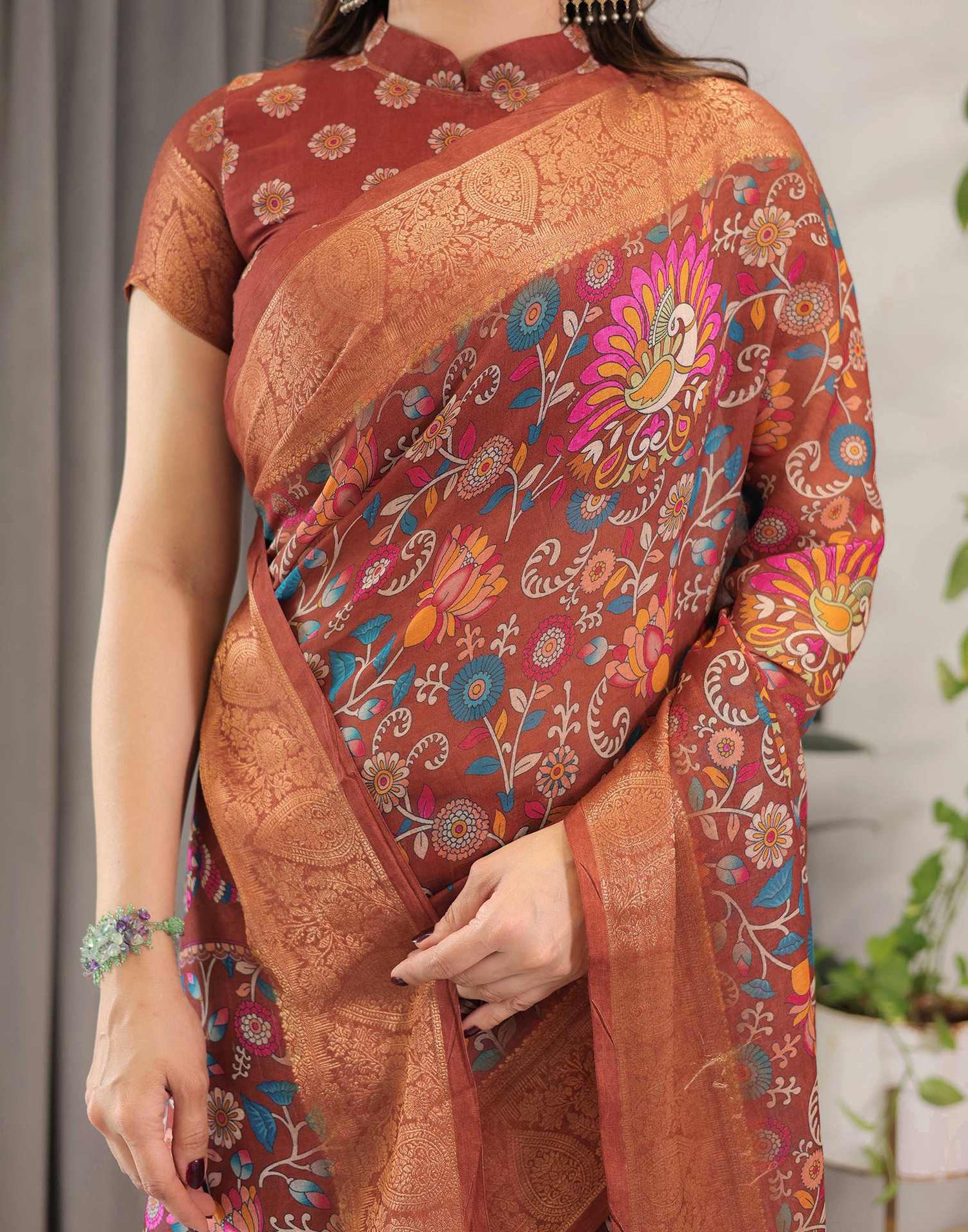 Brown Linen Printed Saree