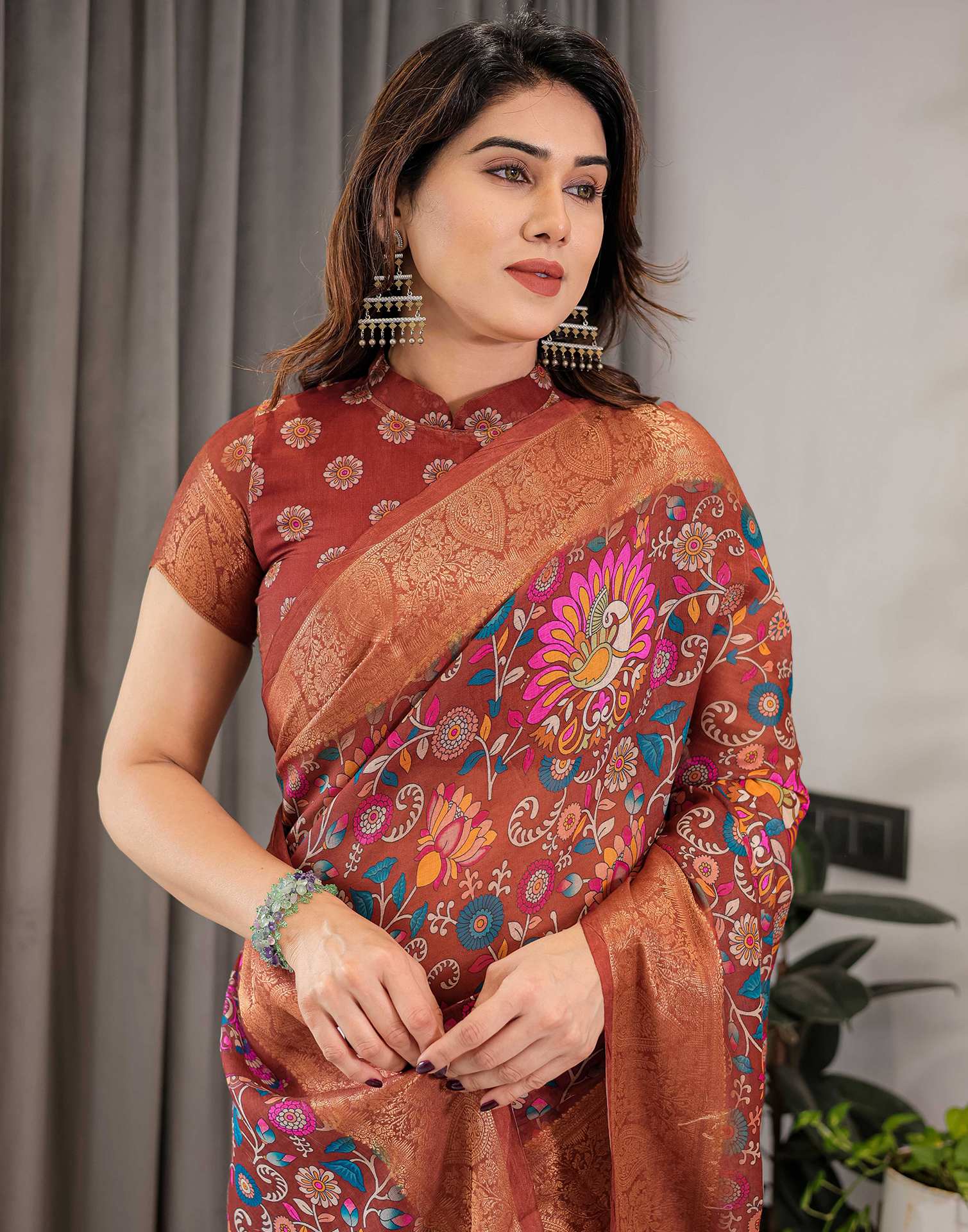 Brown Linen Printed Saree