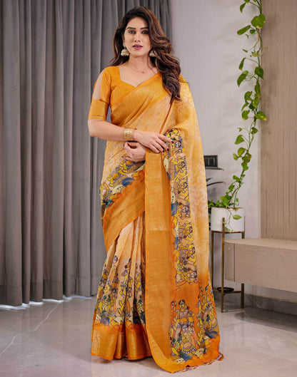 Turmeric Yellow Linen Printed Saree
