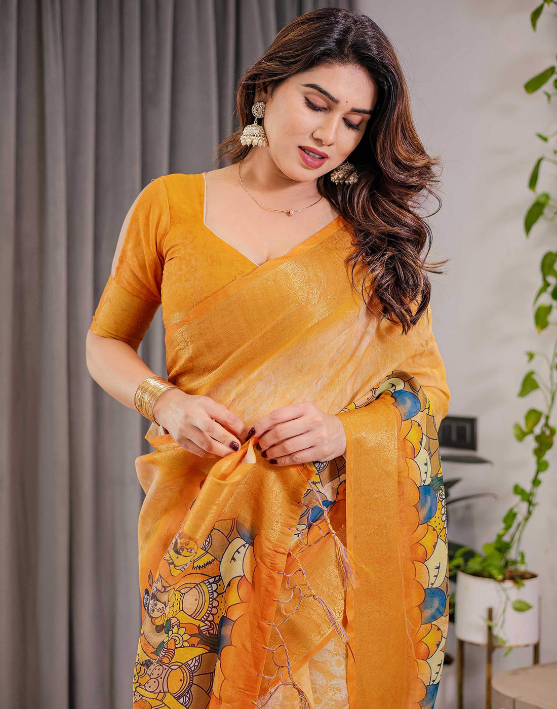 Turmeric Yellow Linen Printed Saree
