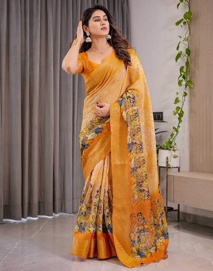Turmeric Yellow Linen Printed Saree