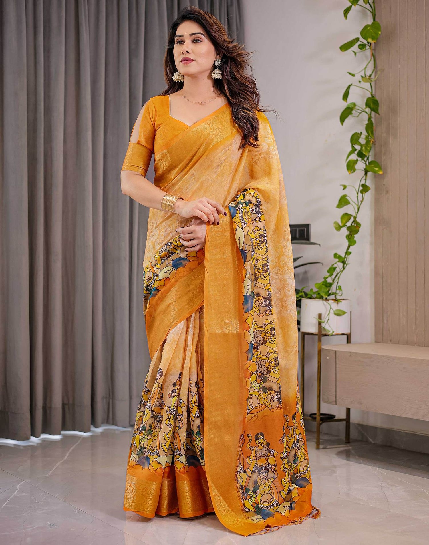 Turmeric Yellow Linen Printed Saree