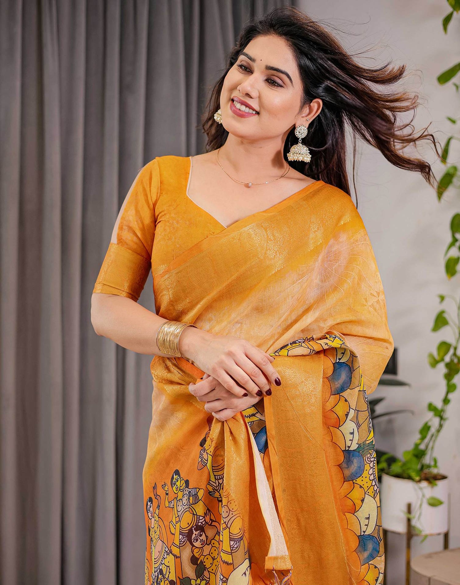 Turmeric Yellow Linen Printed Saree