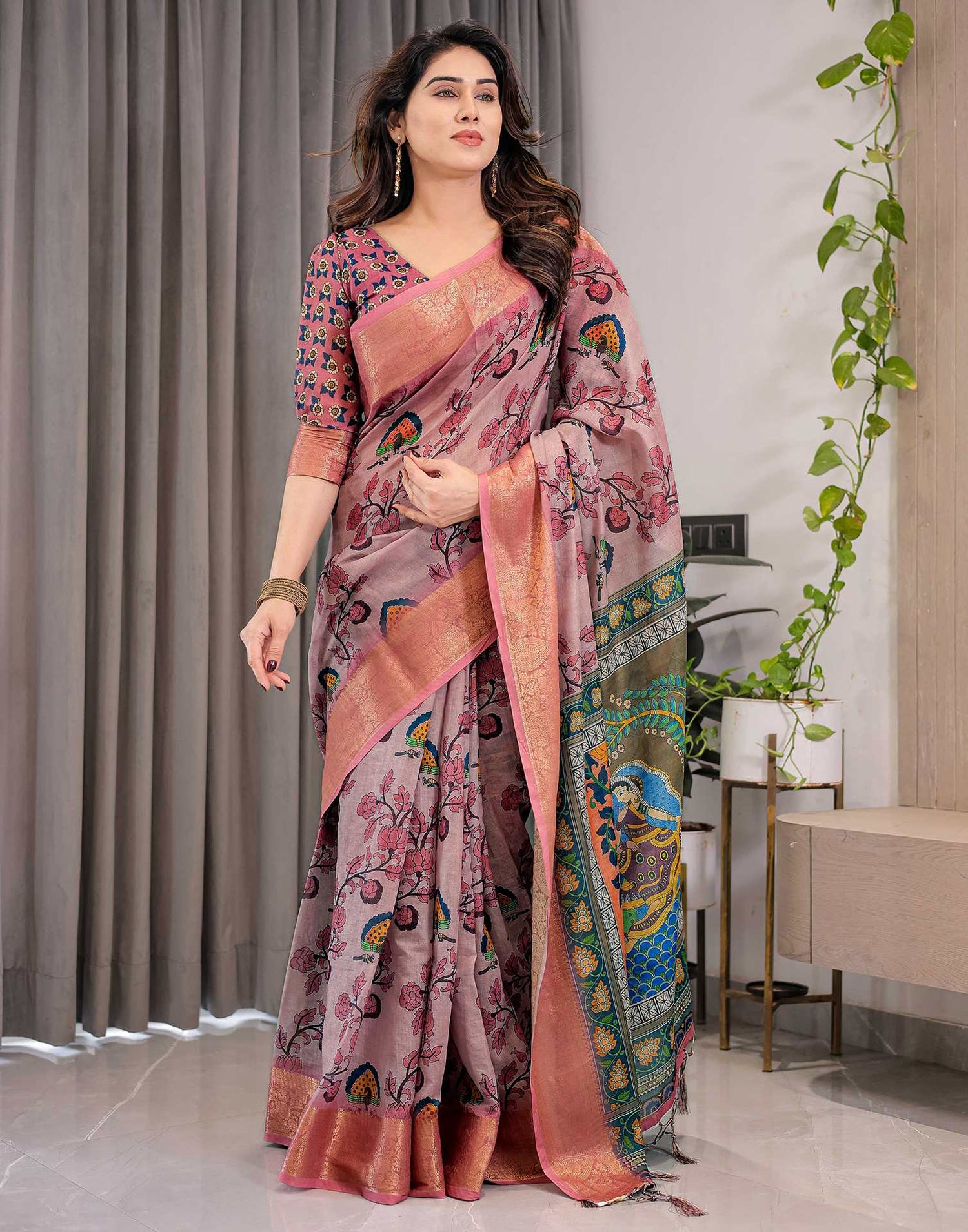 Mauve Linen Printed Saree