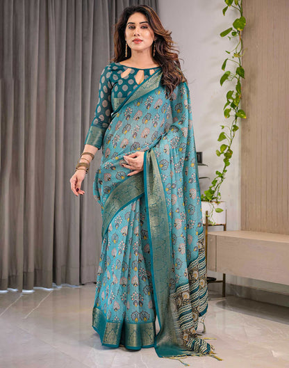 Sea Green Linen Printed Saree