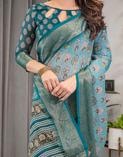 Sea Green Linen Printed Saree