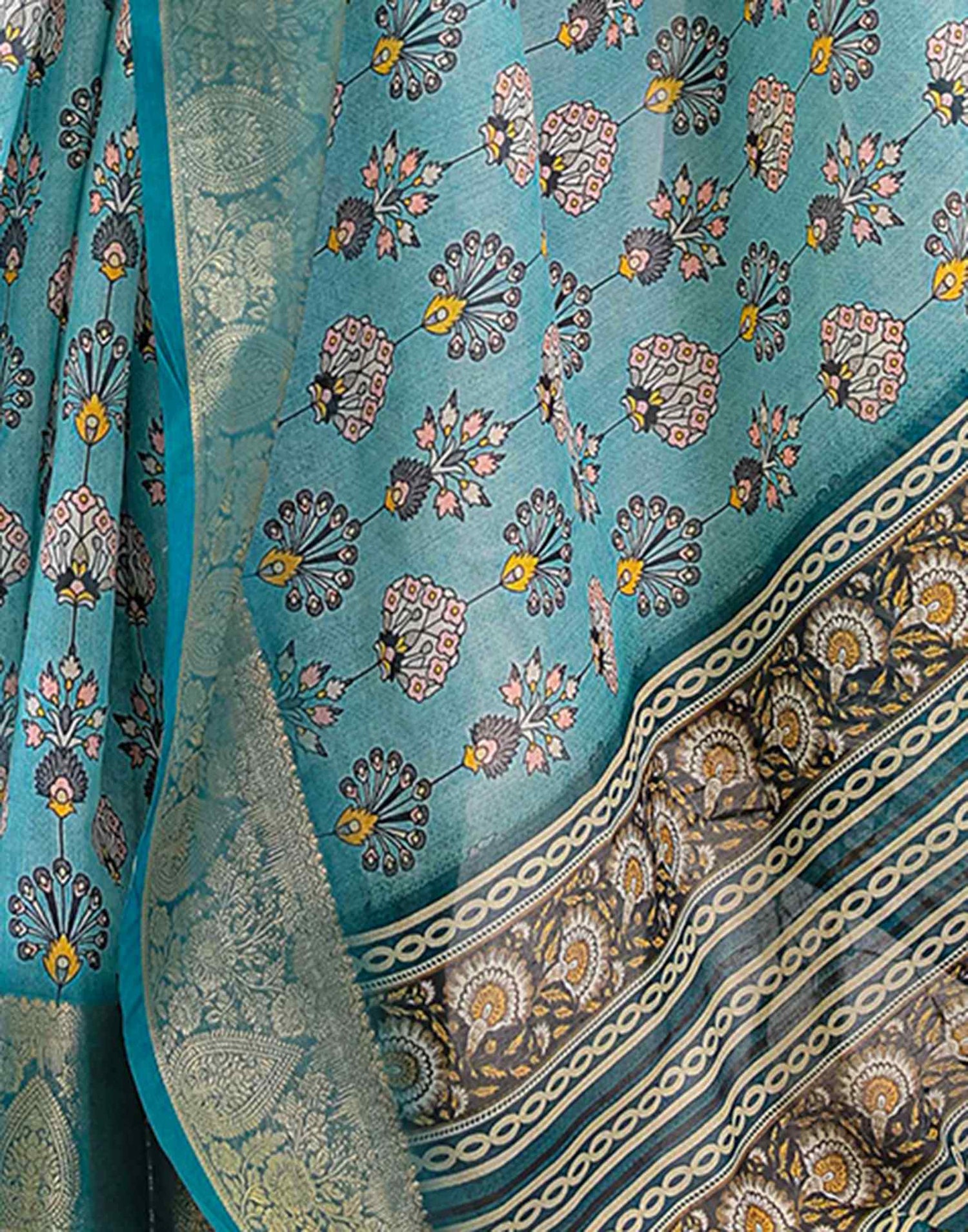 Sea Green Linen Printed Saree