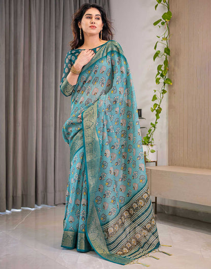 Sea Green Linen Printed Saree