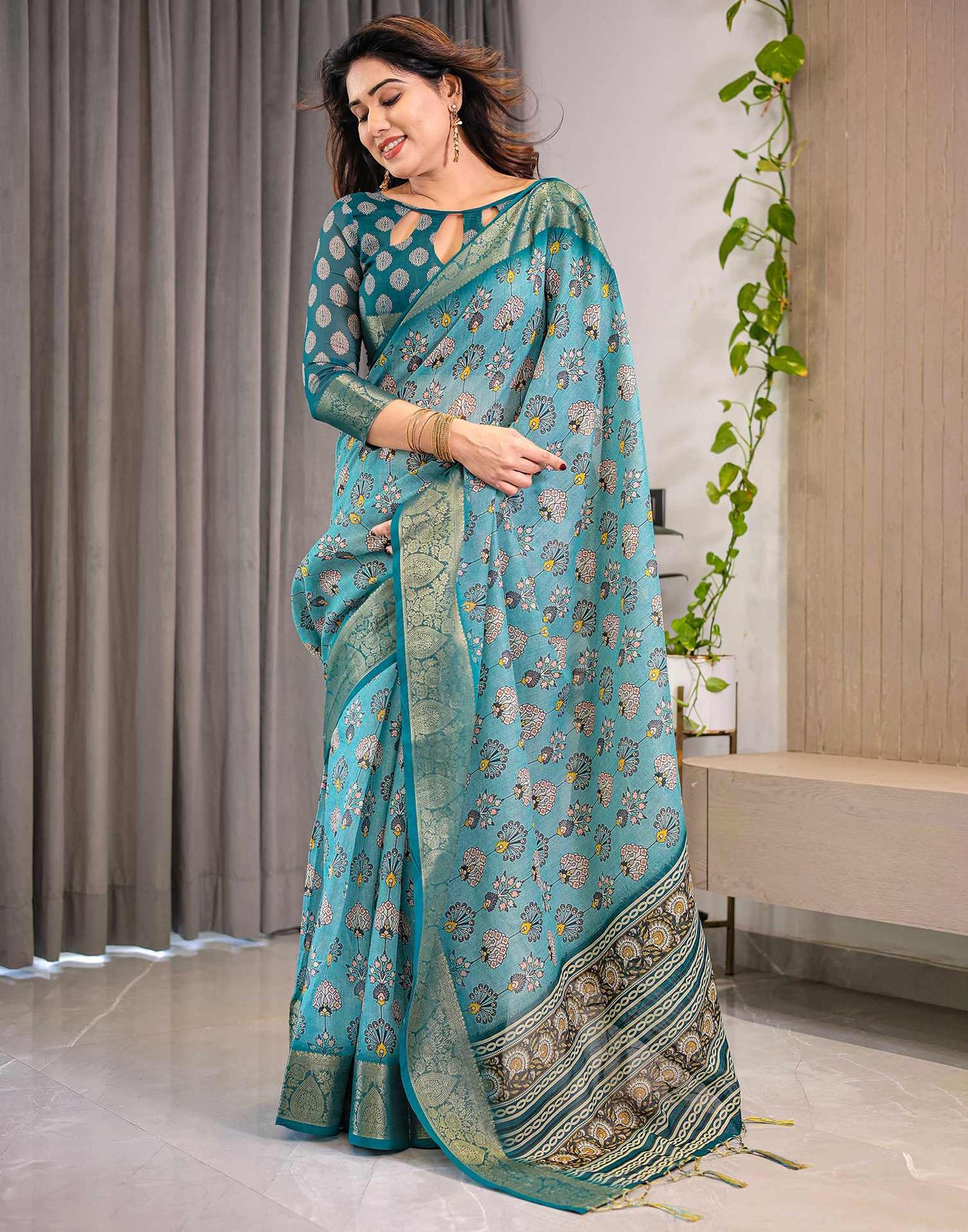 Sea Green Linen Printed Saree