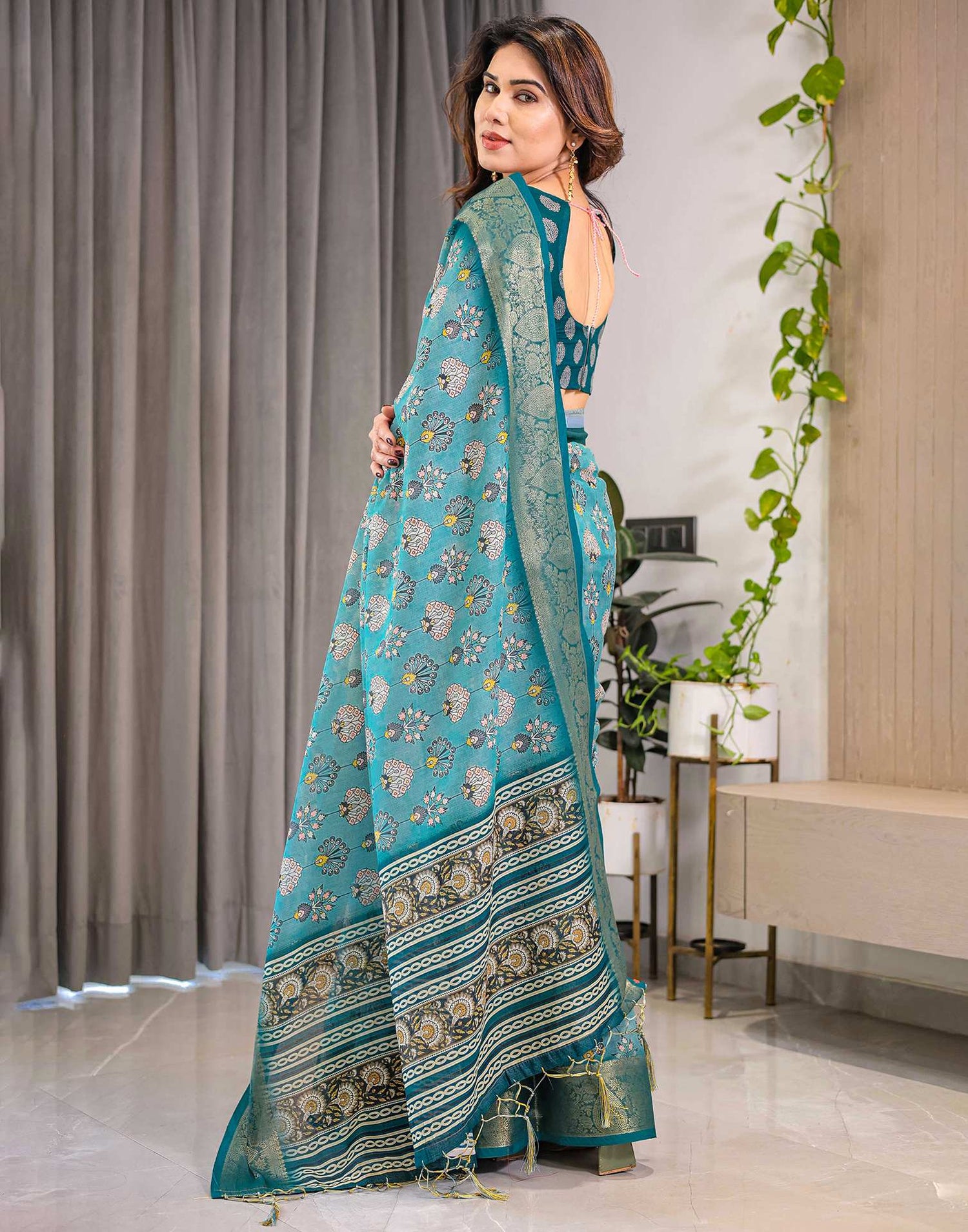 Sea Green Linen Printed Saree