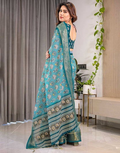 Sea Green Linen Printed Saree