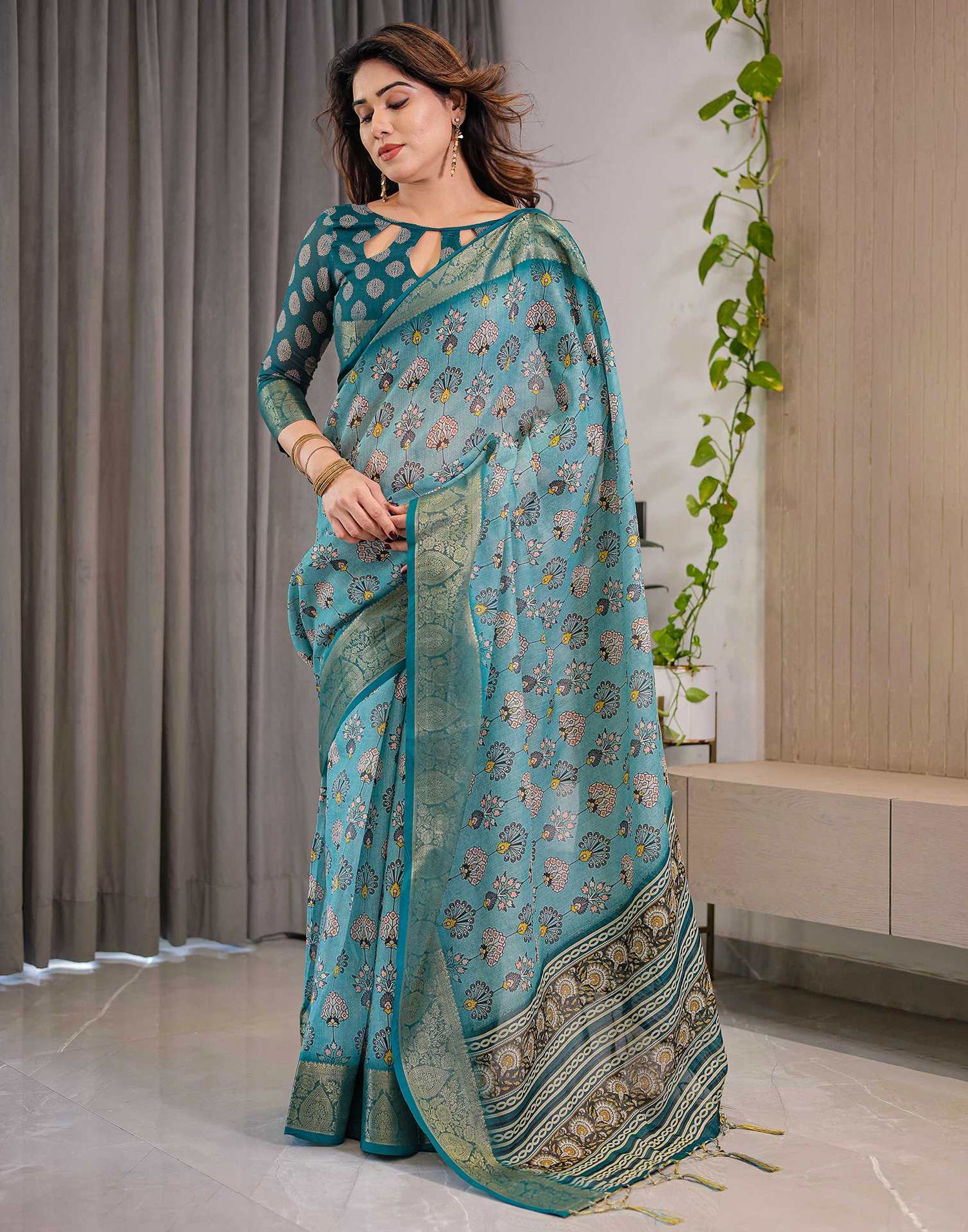 Sea Green Linen Printed Saree