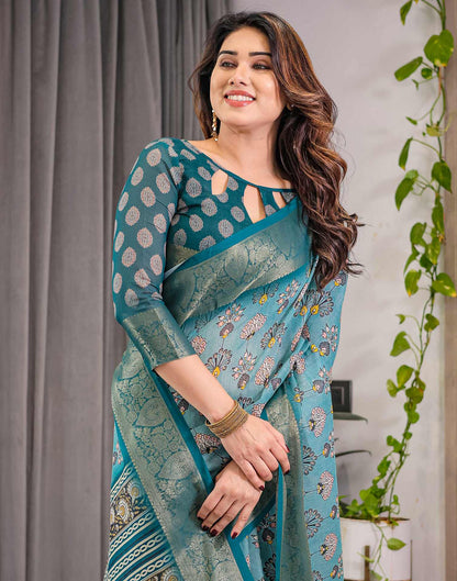 Sea Green Linen Printed Saree