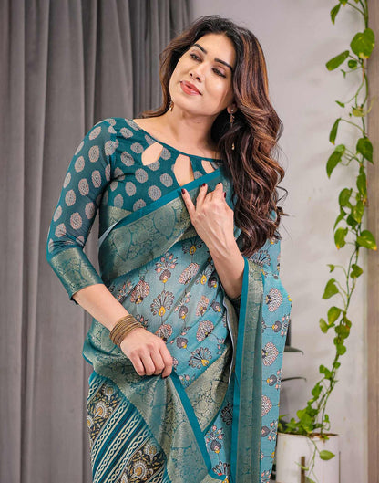 Sea Green Linen Printed Saree
