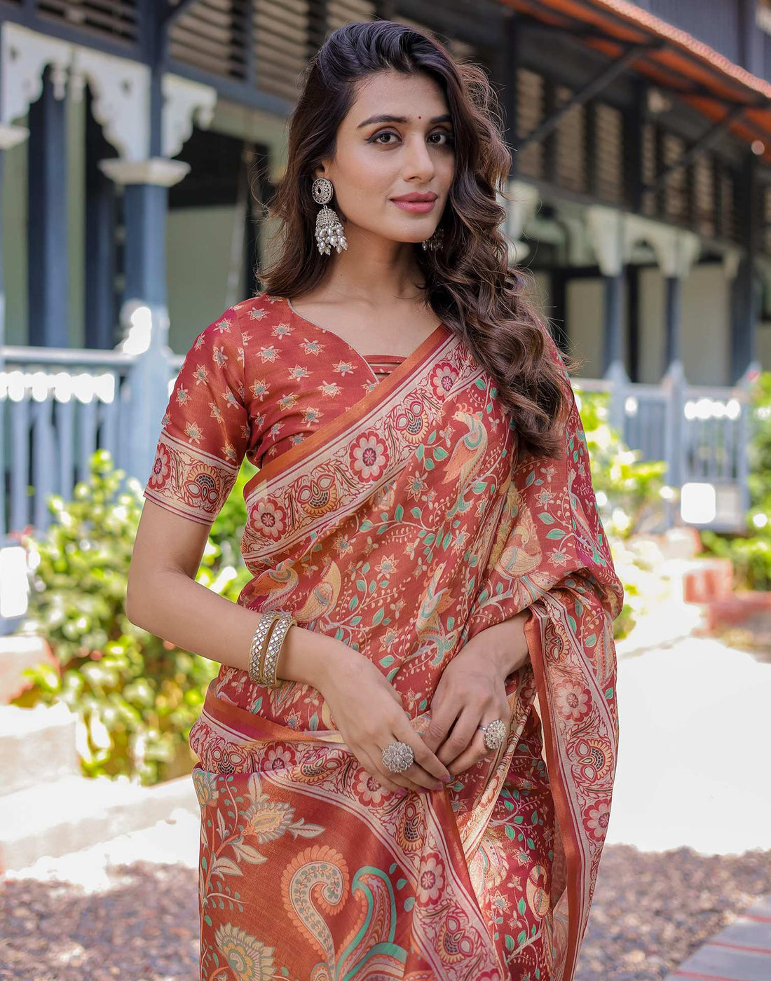 Coral Red Shimmer Silk Printed Saree
