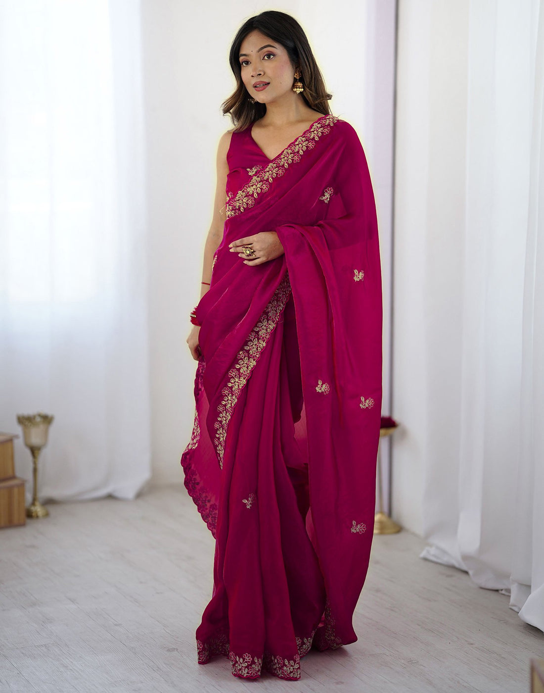 Rani Pink Tissue Silk Sequence Embroidery Saree