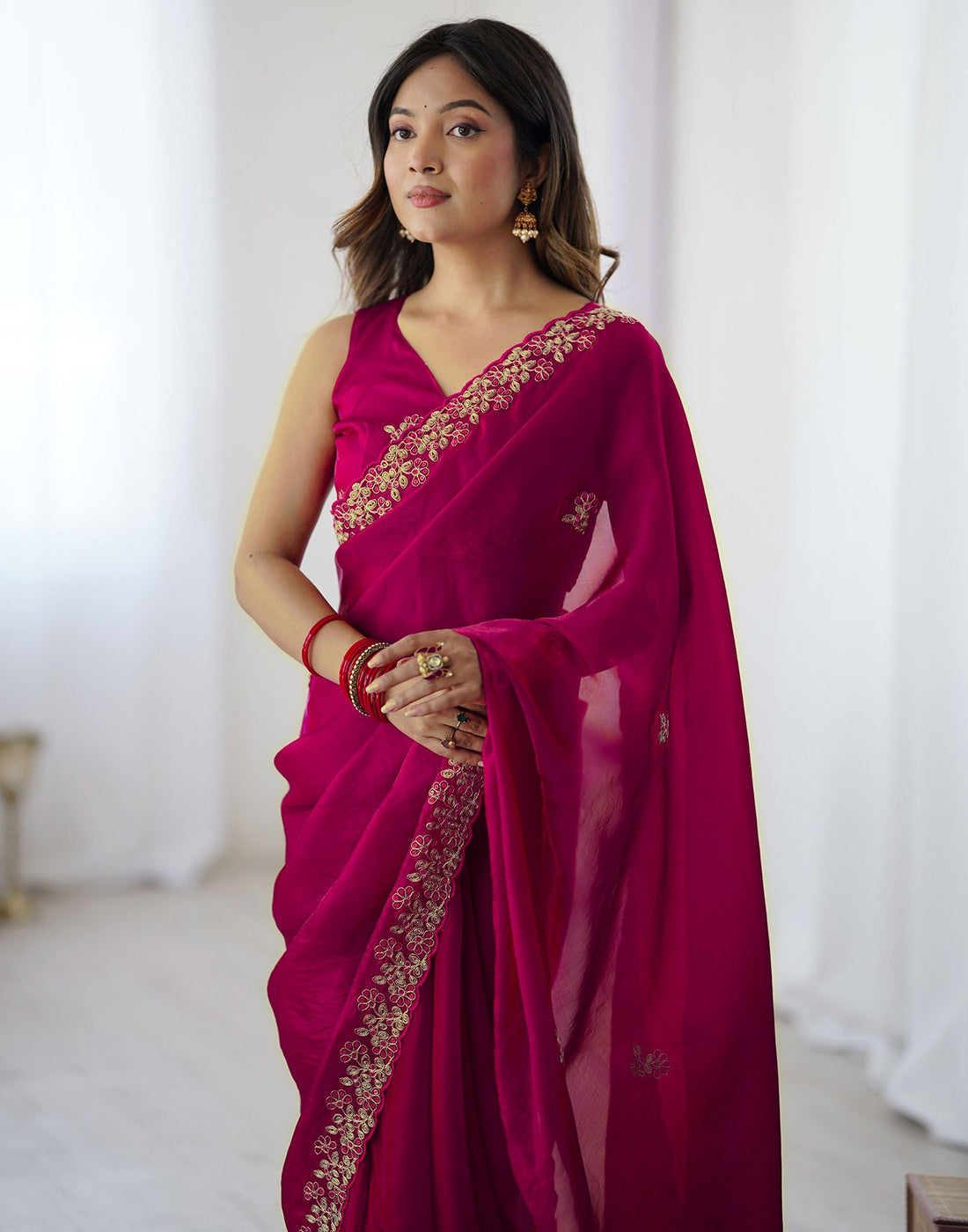 Rani Pink Tissue Silk Sequence Embroidery Saree