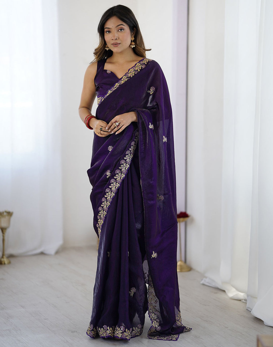 Dark Purple Tissue Silk Sequence Embroidery Saree