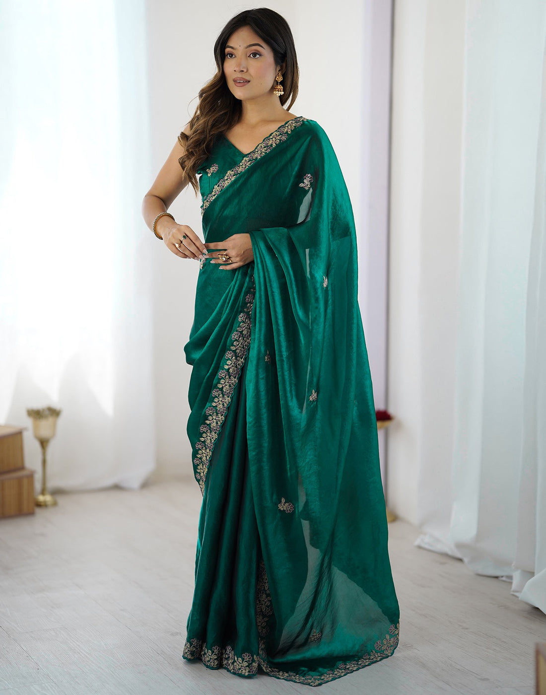 Teal Green Tissue Silk Sequence Embroidery Saree