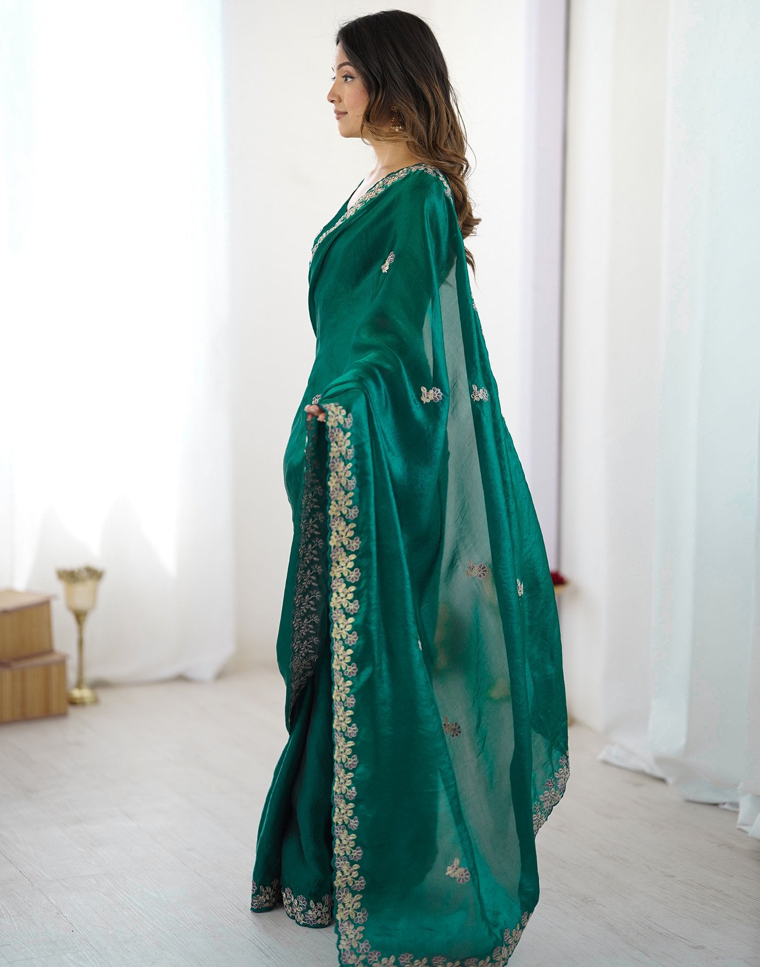 Teal Green Tissue Silk Sequence Embroidery Saree