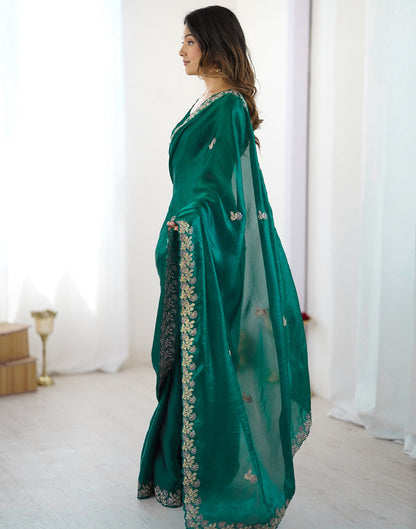Teal Green Tissue Silk Sequence Embroidery Saree