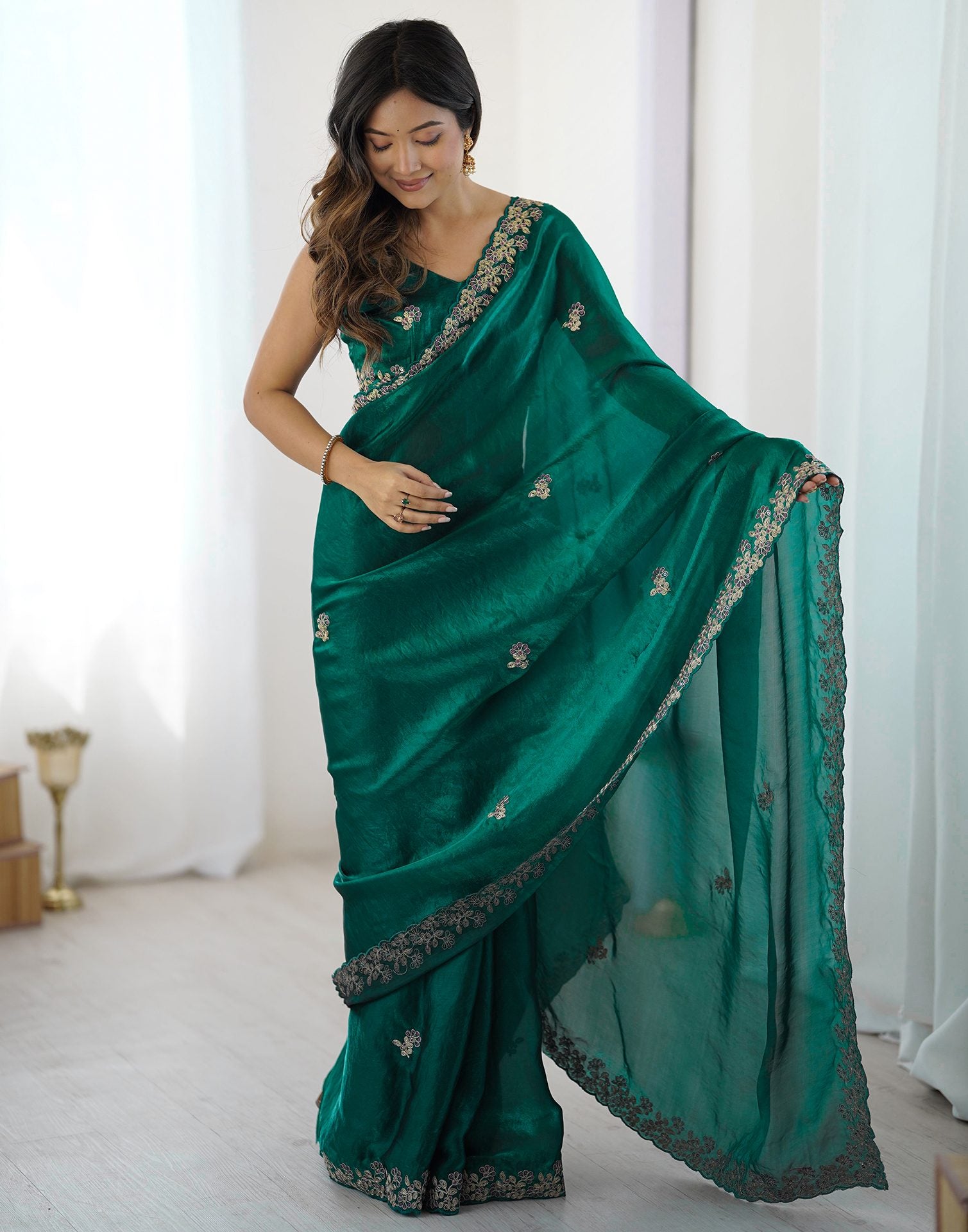 Teal Green Tissue Silk Sequence Embroidery Saree