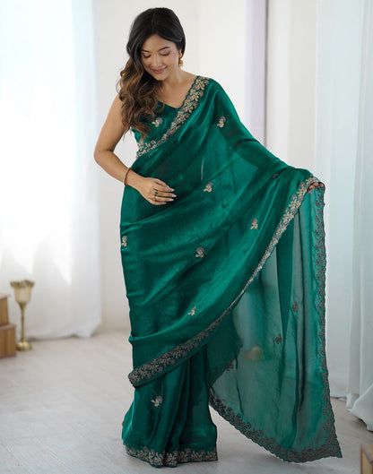 Teal Green Tissue Silk Sequence Embroidery Saree