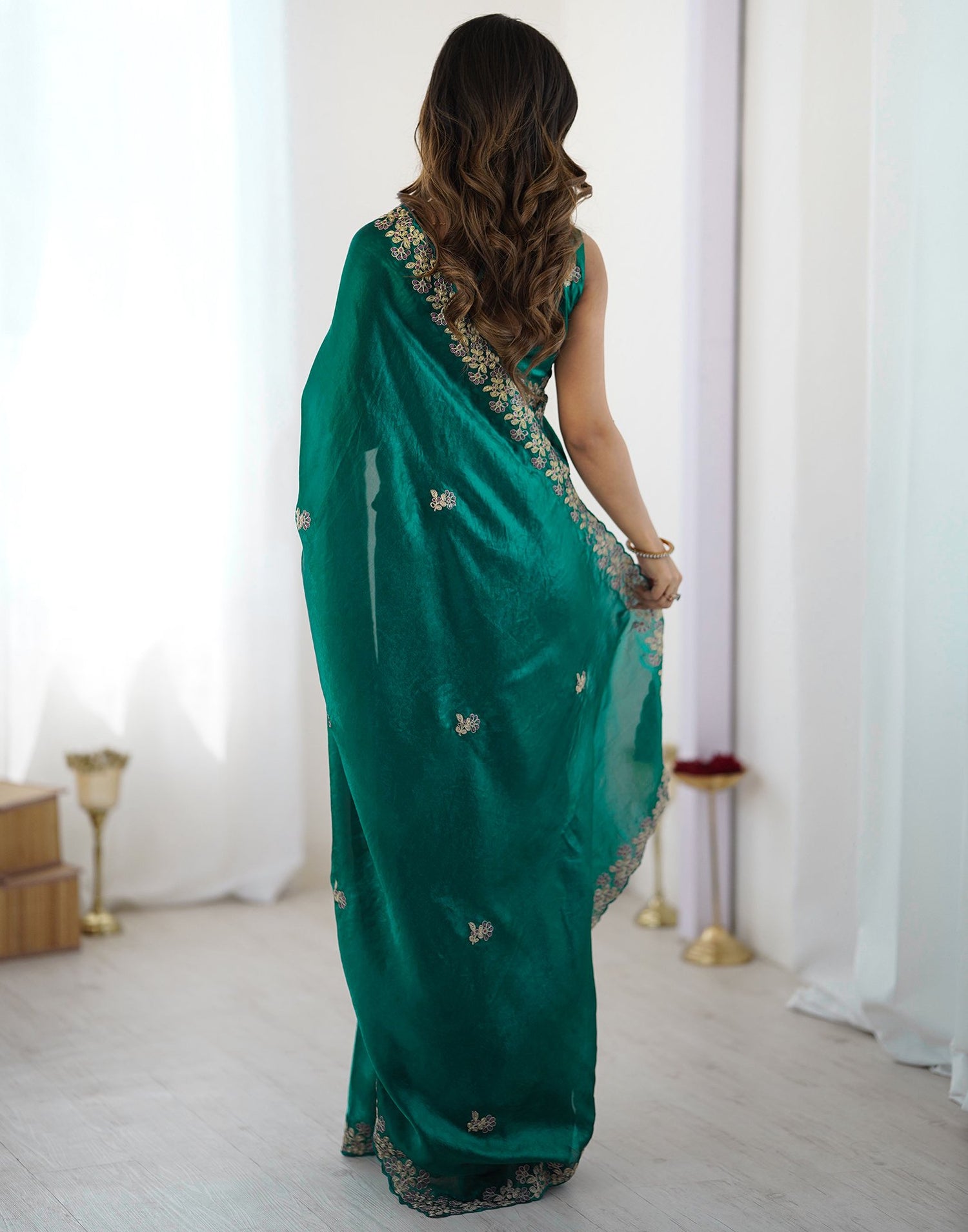 Teal Green Tissue Silk Sequence Embroidery Saree