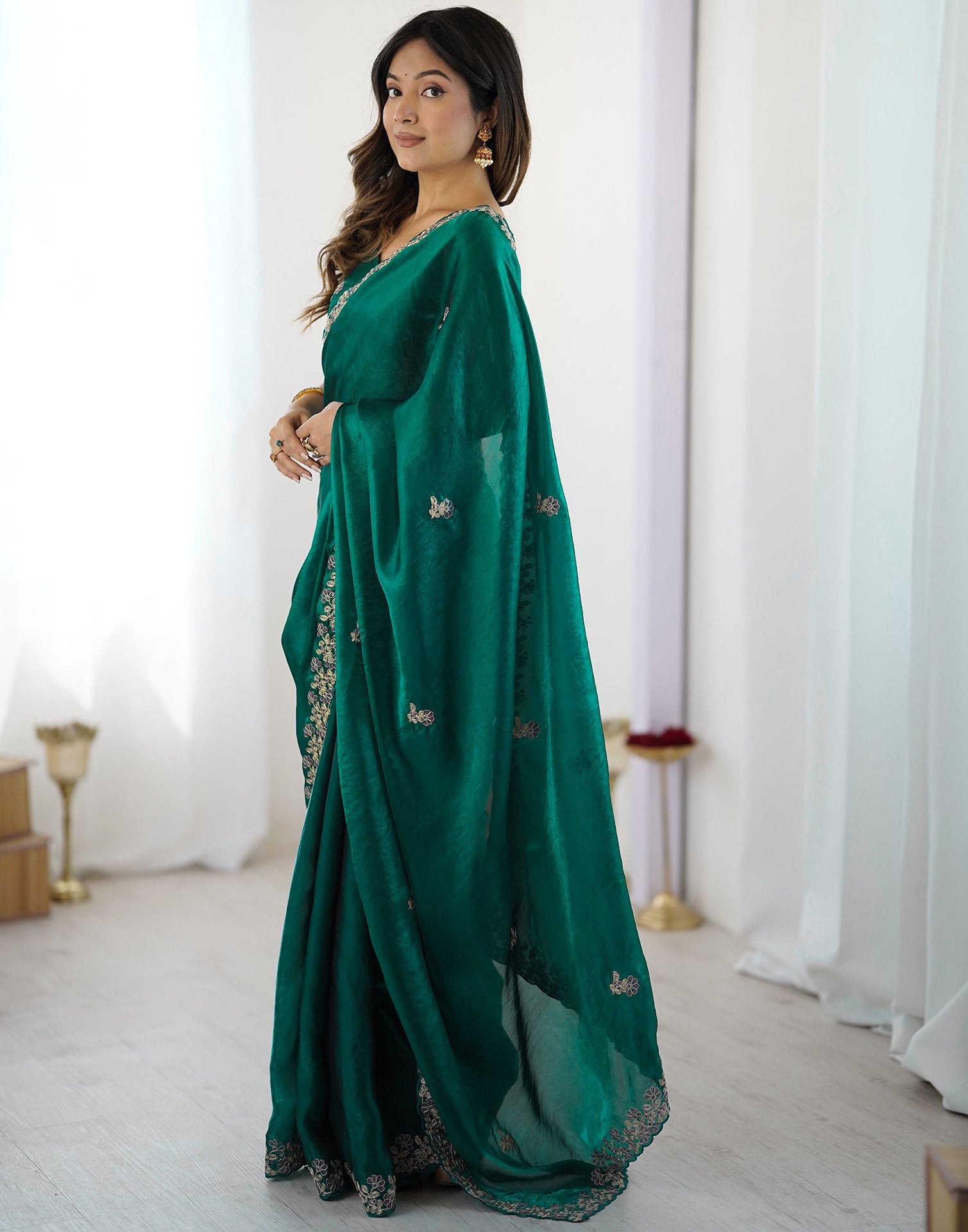 Teal Green Tissue Silk Sequence Embroidery Saree