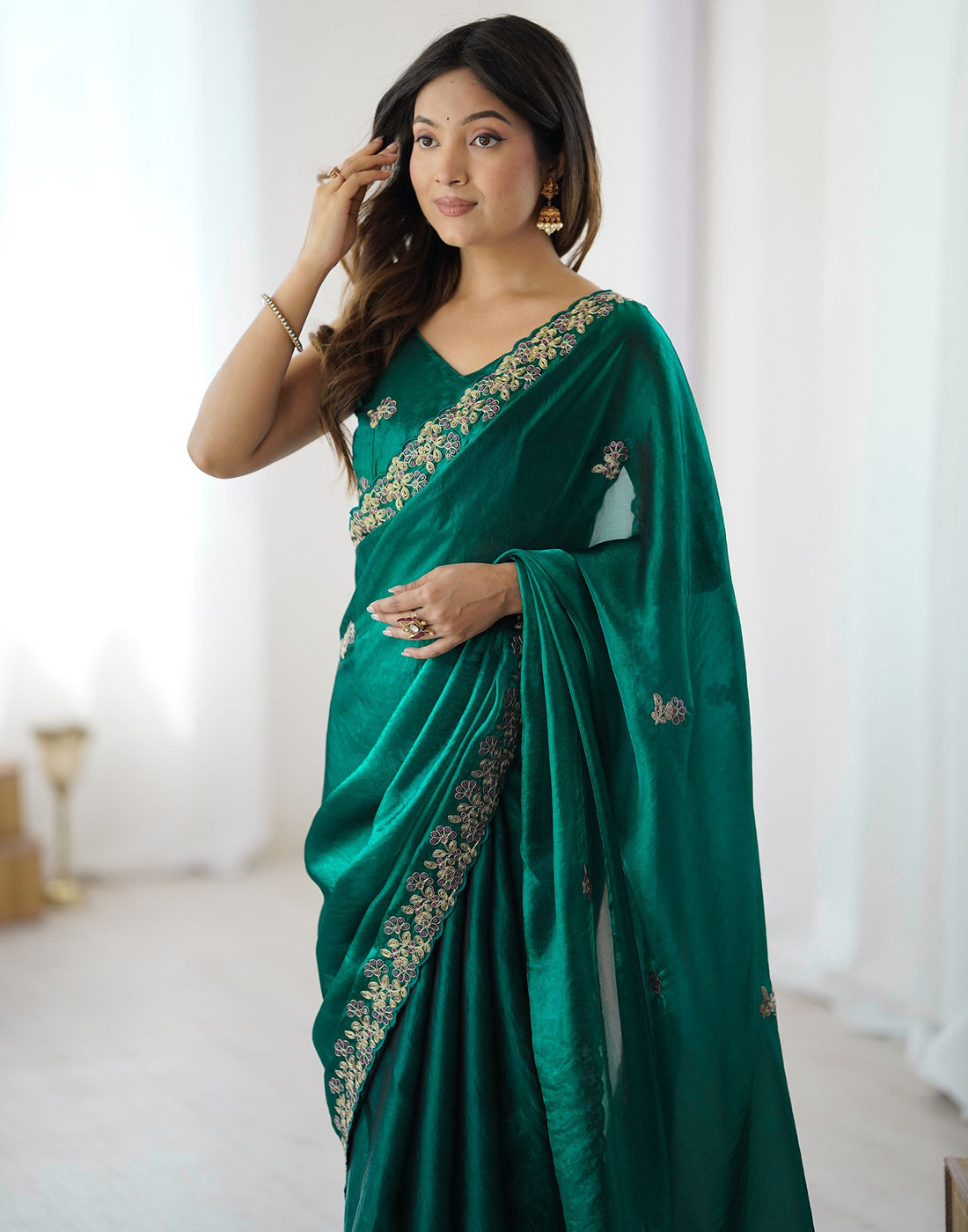 Teal Green Tissue Silk Sequence Embroidery Saree