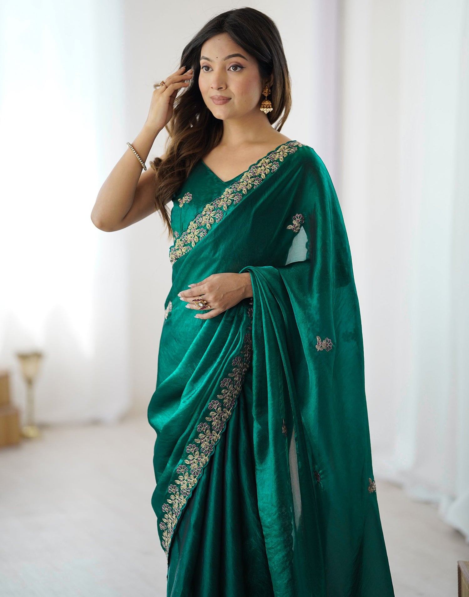 Teal Green Tissue Silk Sequence Embroidery Saree